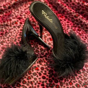 Black fur/feather platform heels